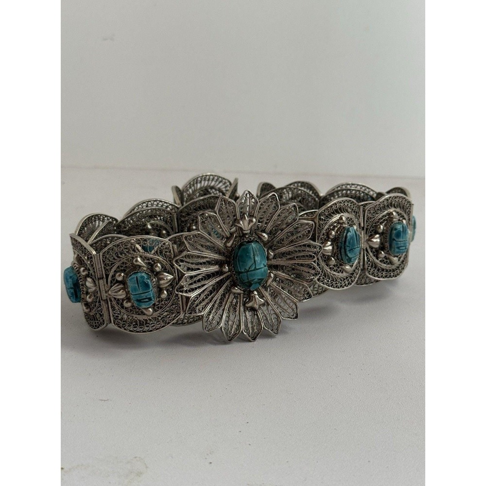 Art Deco Egyptian Revival Silver Tone Filigree Ceramic Scarab Panel Belt 29.5" +